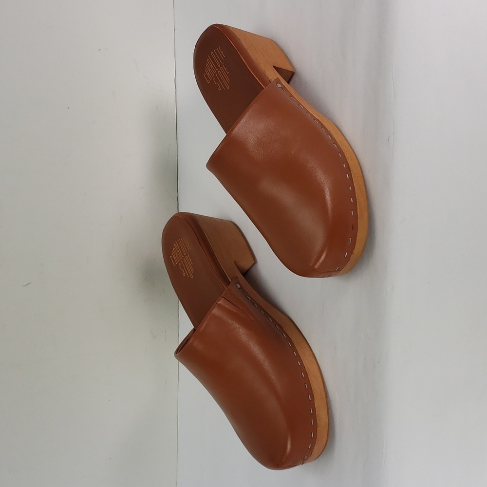 CHARLOTTE STONE MARTINO IN LUGGAGE NAPA LEATHER WOODEN CLOGS WOMEN'S 12